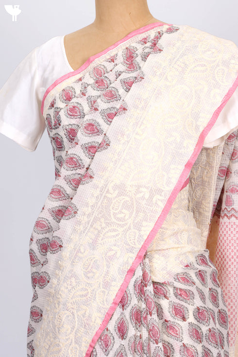Kota Doria Saree In Block Print with Chikankari Embroidery